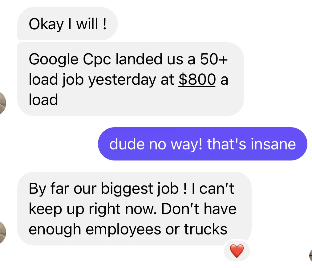 Client text: biggest job, can't keep up