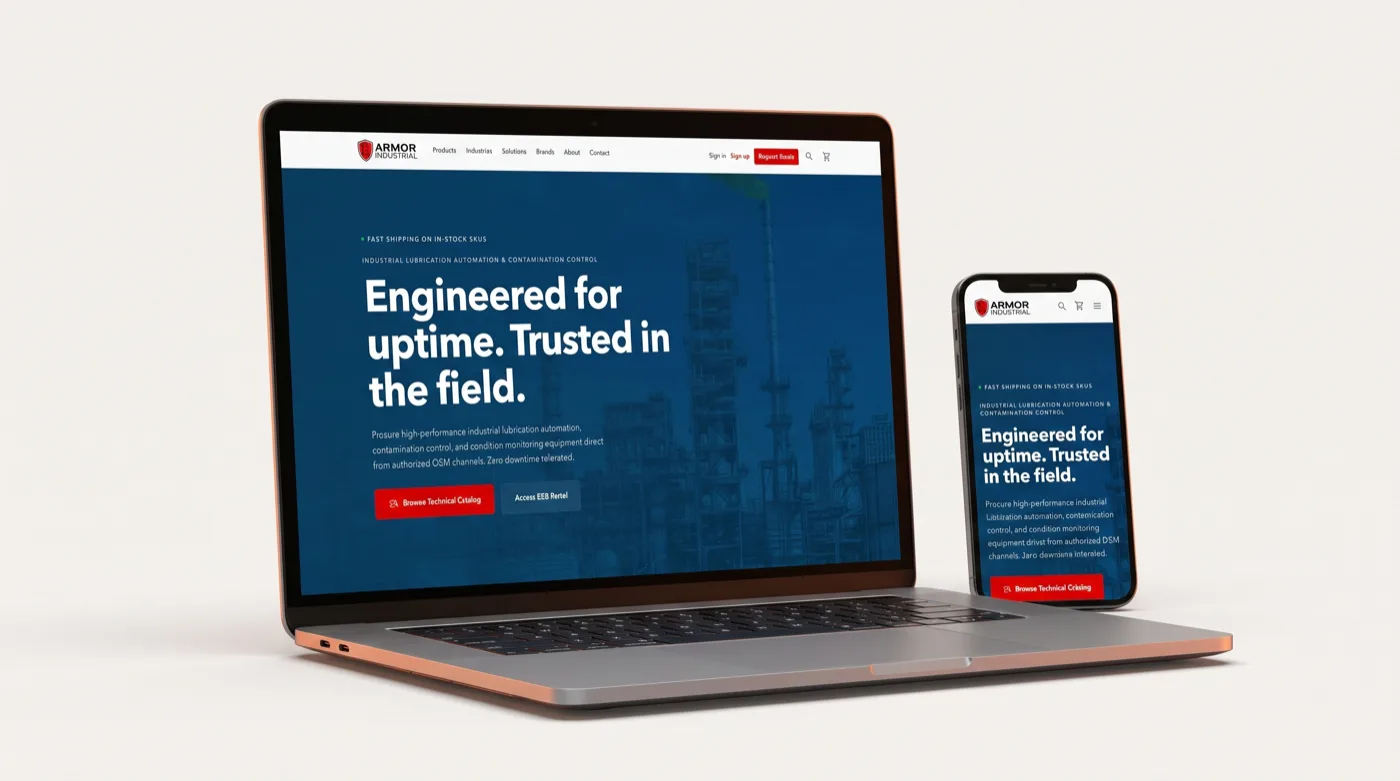Armor Industrial website on a laptop and phone — built by Contractor Bear