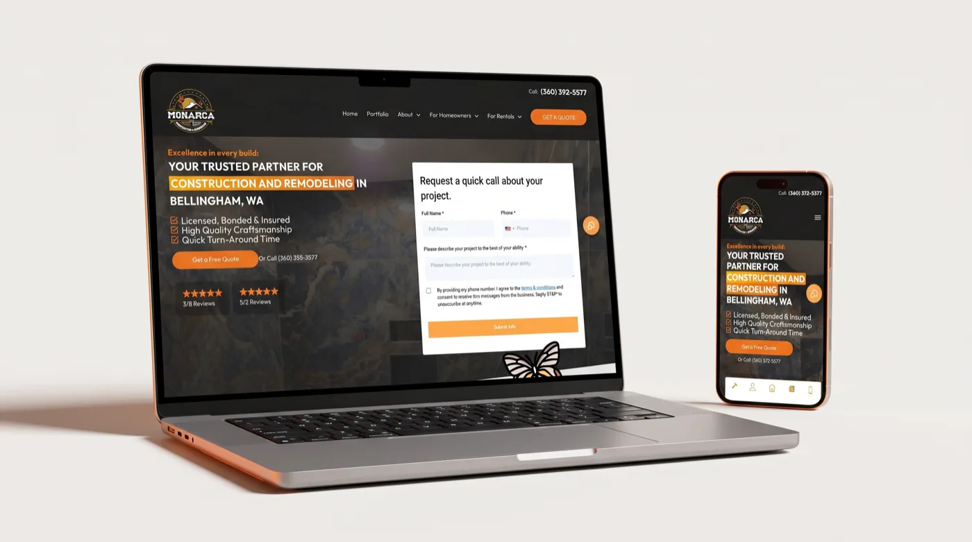 Monarca Construction website on a laptop and phone — built by Contractor Bear