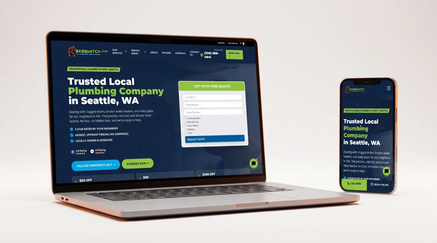 Sasquatch Plumbing website on a laptop and phone — built by Contractor Bear