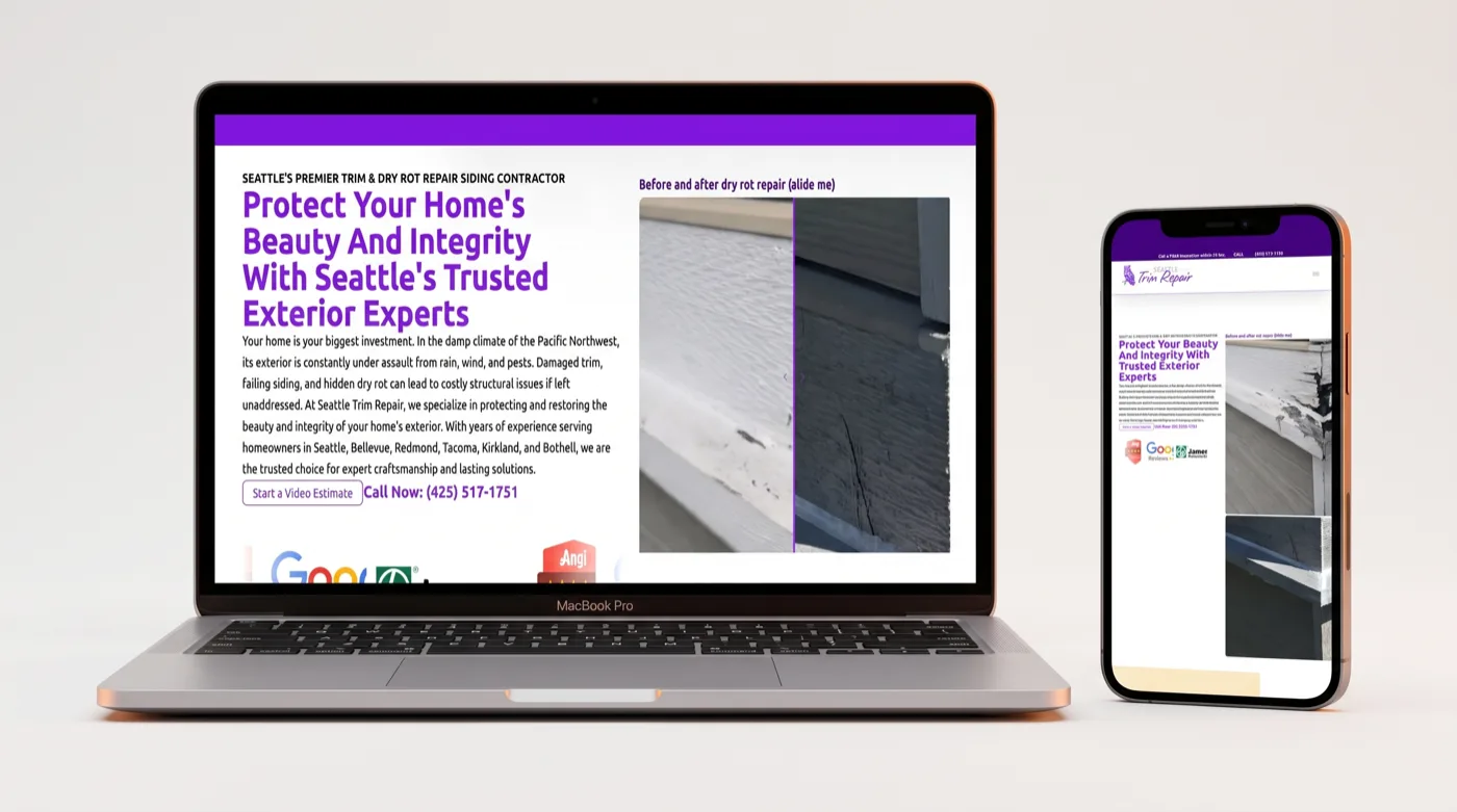 Seattle Trim Repair website on a laptop and phone — built by Contractor Bear
